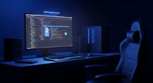Dark-themed computer setup with code on monitor, mechanical keyboard with blue backlight, speakers, and ergonomic chair.