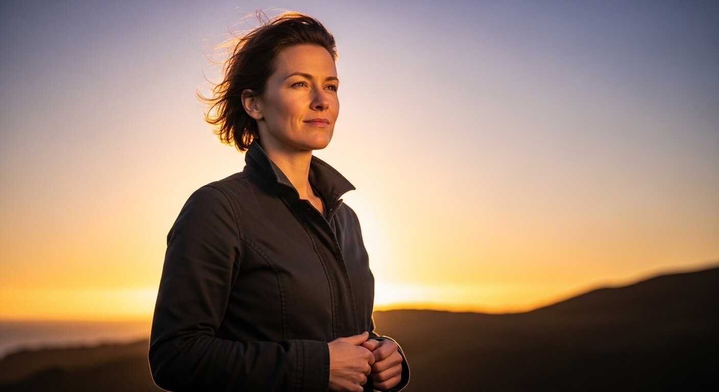 Woman in a black jacket looking thoughtfully at sunset over hills.