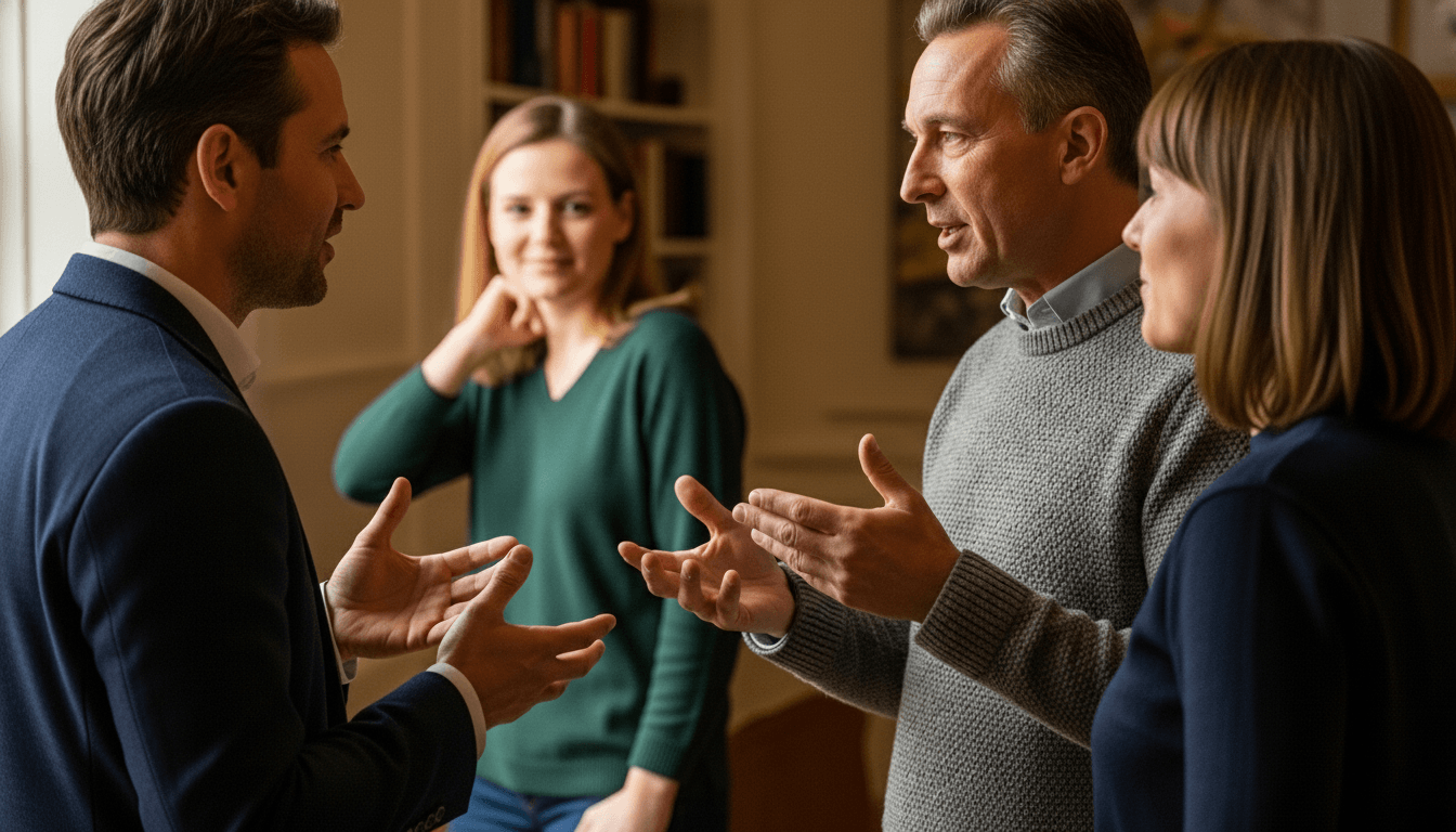 Four adults engaged in a discussion in a warmly lit room, two men gesturing while two women listen.