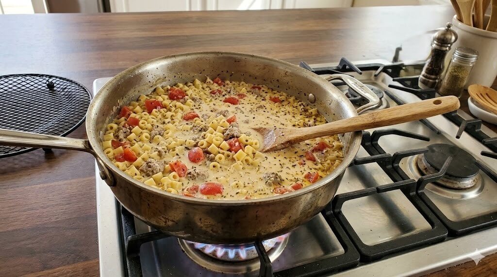 Creamy pasta with ground meat and cherry tomatoes cooking in a skillet on a gas stove with a wooden spoon.