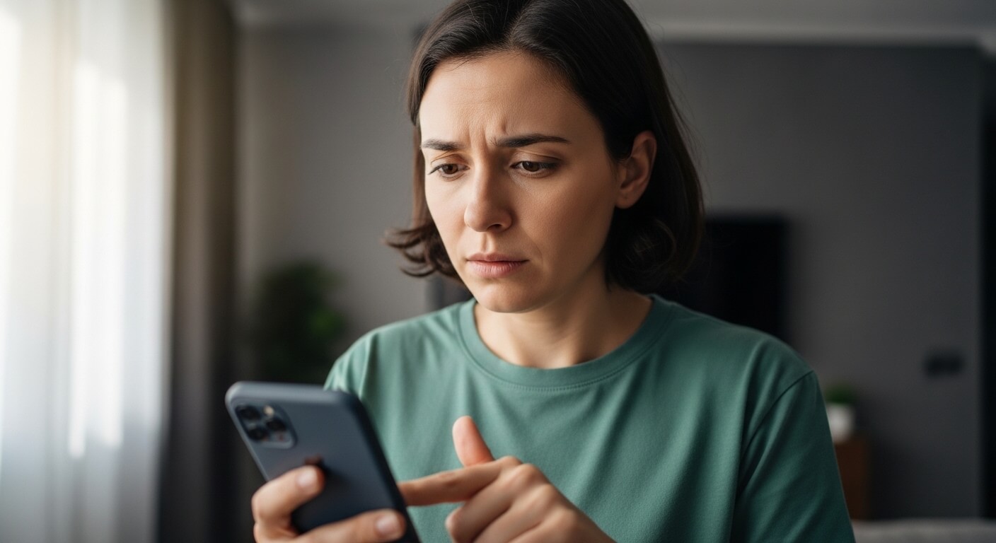 Woman in green shirt looking concerned while using a smartphone indoors