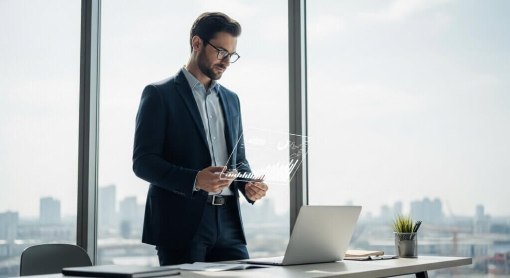 Businessman in suit using futuristic transparent digital interface with charts in office with city view