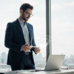 Businessman in suit using futuristic transparent digital interface with charts in office with city view