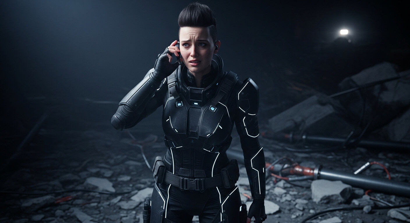 Female soldier in futuristic black armor communicating with earpiece in a dark, rubble-strewn environment