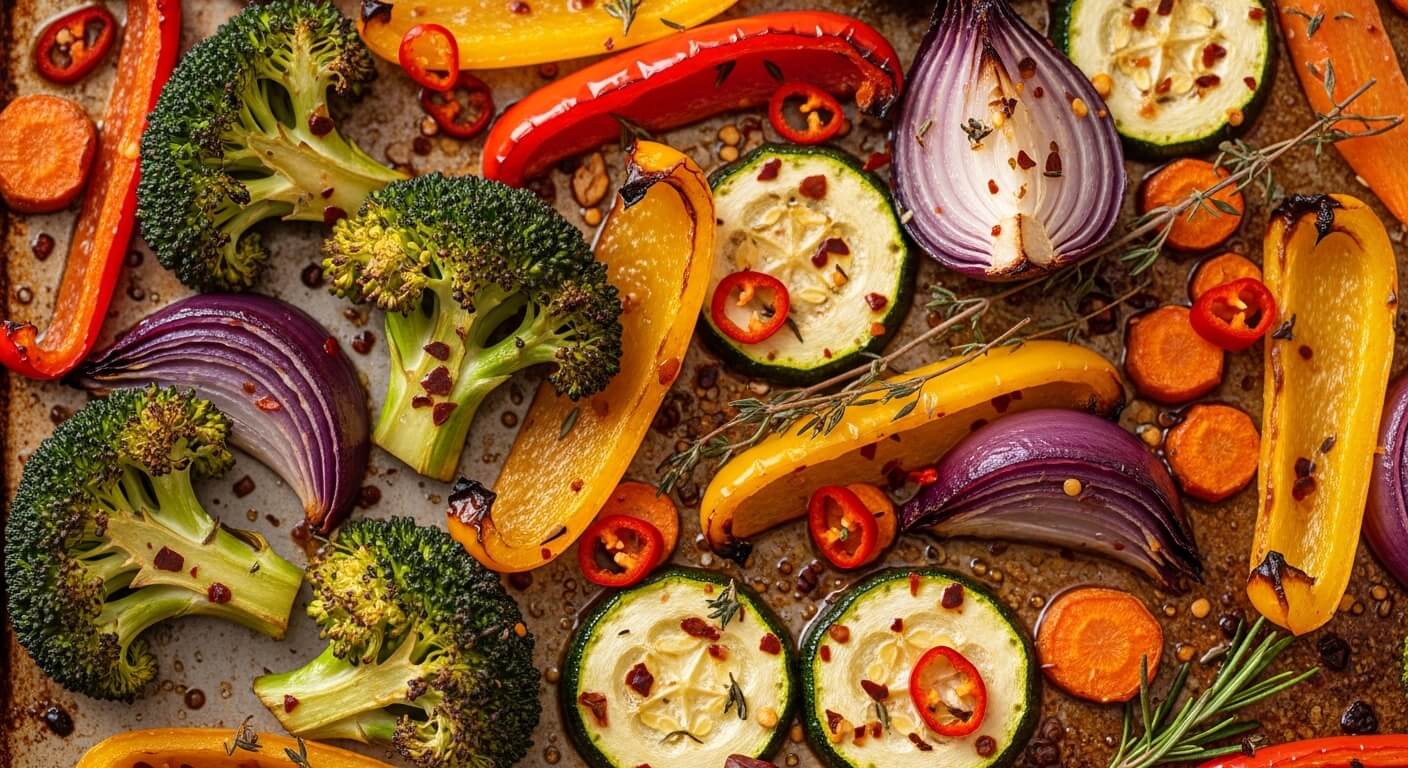 Roasted broccoli, red onion, yellow bell pepper, zucchini, carrot, and red chili slices seasoned with herbs and spices on a baking sheet.