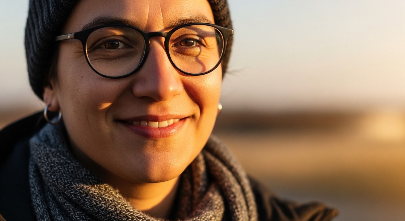 Close-up of a smiling person wearing black glasses, a knit hat, hoop earrings, and a gray scarf in warm sunlight.
