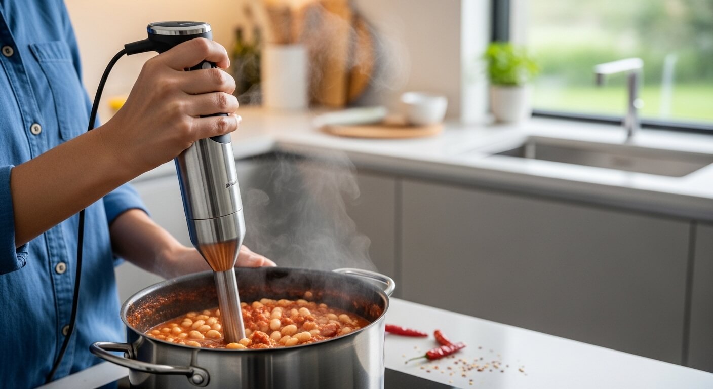 Person using a Cuisinart immersion blender to blend steaming tomato and bean soup in a kitchen pot