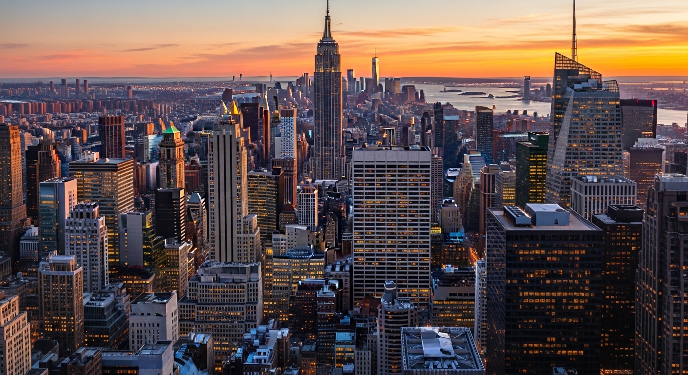 New York City skyline at sunset with the Empire State Building and One World Trade Center visible.