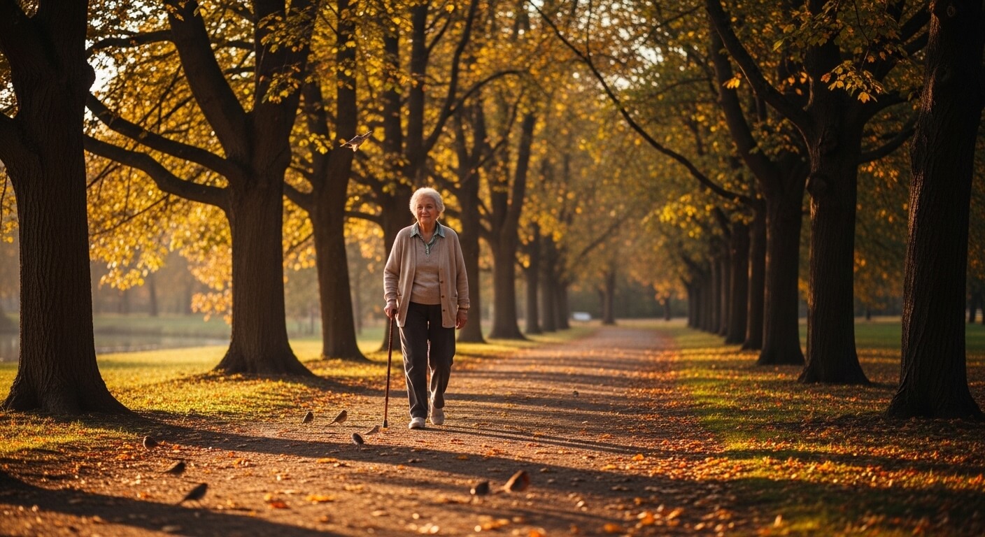 Elderly woman walking with a cane on a tree-lined path covered in autumn leaves at sunset.