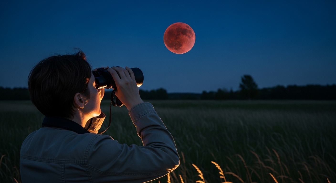 Person using binoculars to observe a red blood moon over a grassy field at night