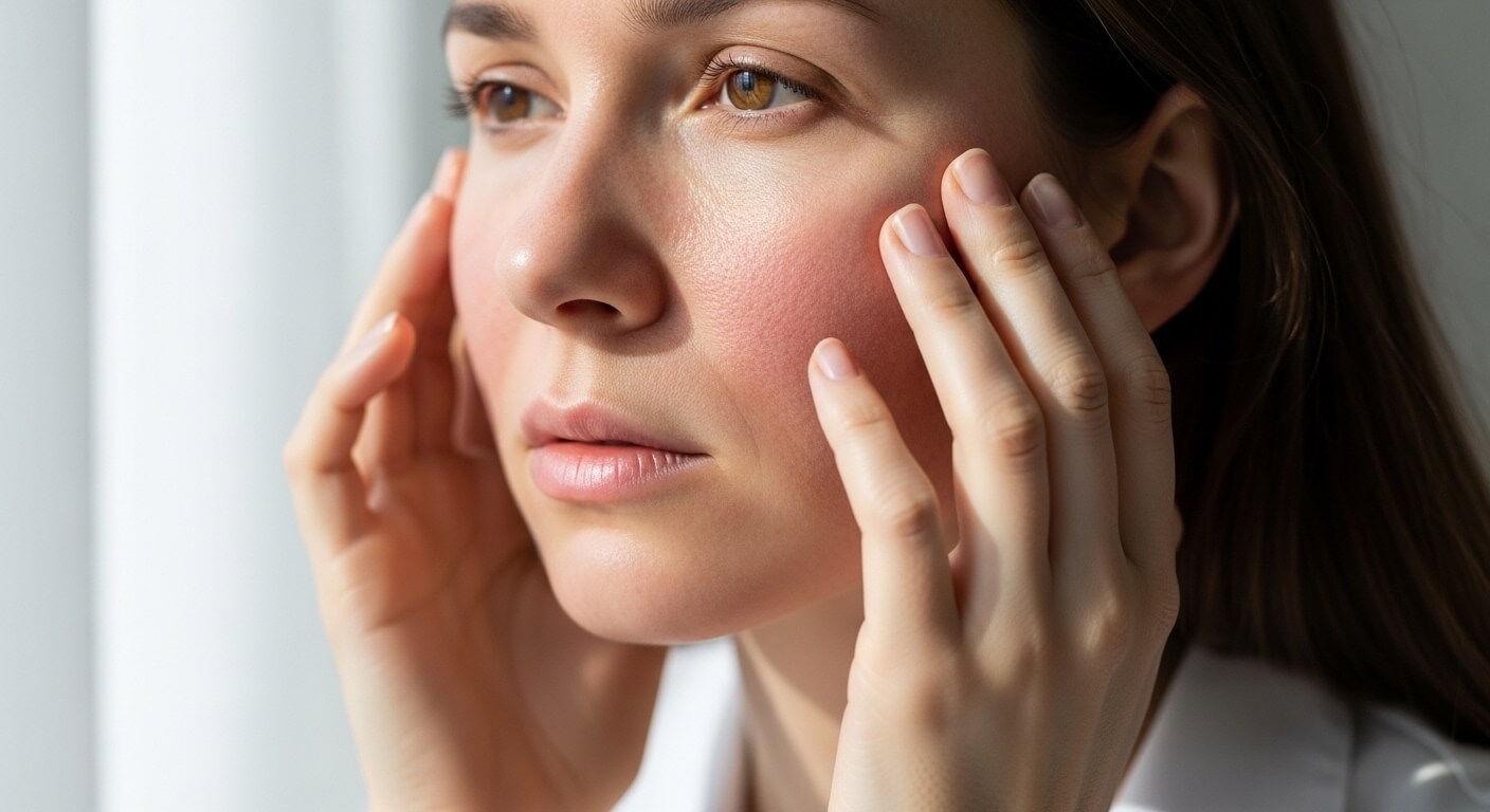 Close-up of a woman touching her red, irritated cheek with both hands.