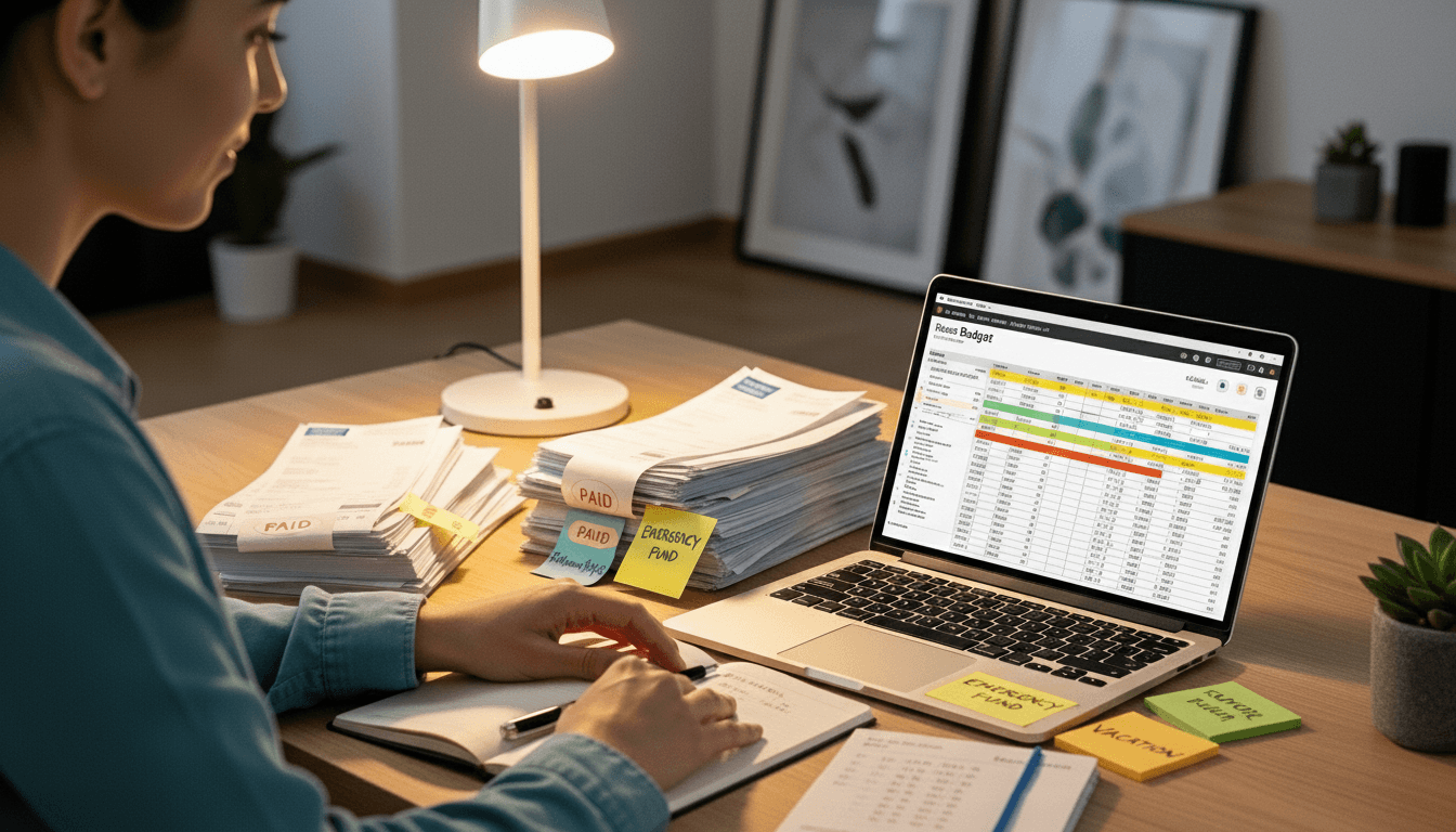 Person managing finances with spreadsheets, invoices, and notes labeled "Emergency Fund" and "Vacation" on a laptop and desk.