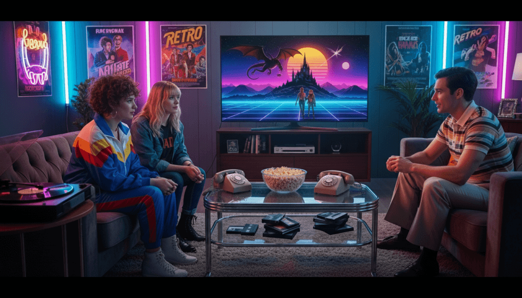 Three people sitting in a retro-themed living room with neon lights, vintage phones, and a fantasy dragon scene on TV.
