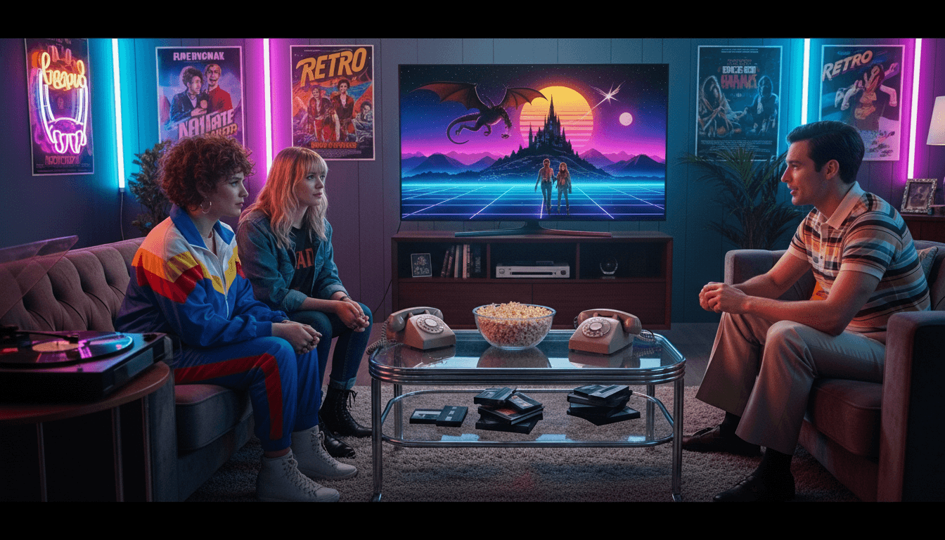 Three people sitting in a retro-themed living room with neon lights, vintage phones, and a fantasy dragon scene on TV.