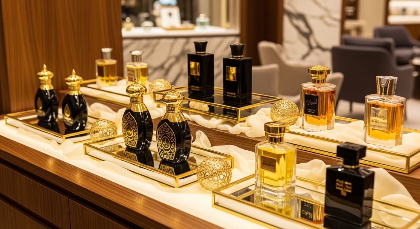 Luxury perfume bottles with gold accents displayed on mirrored trays with decorative golden spheres on a wooden counter