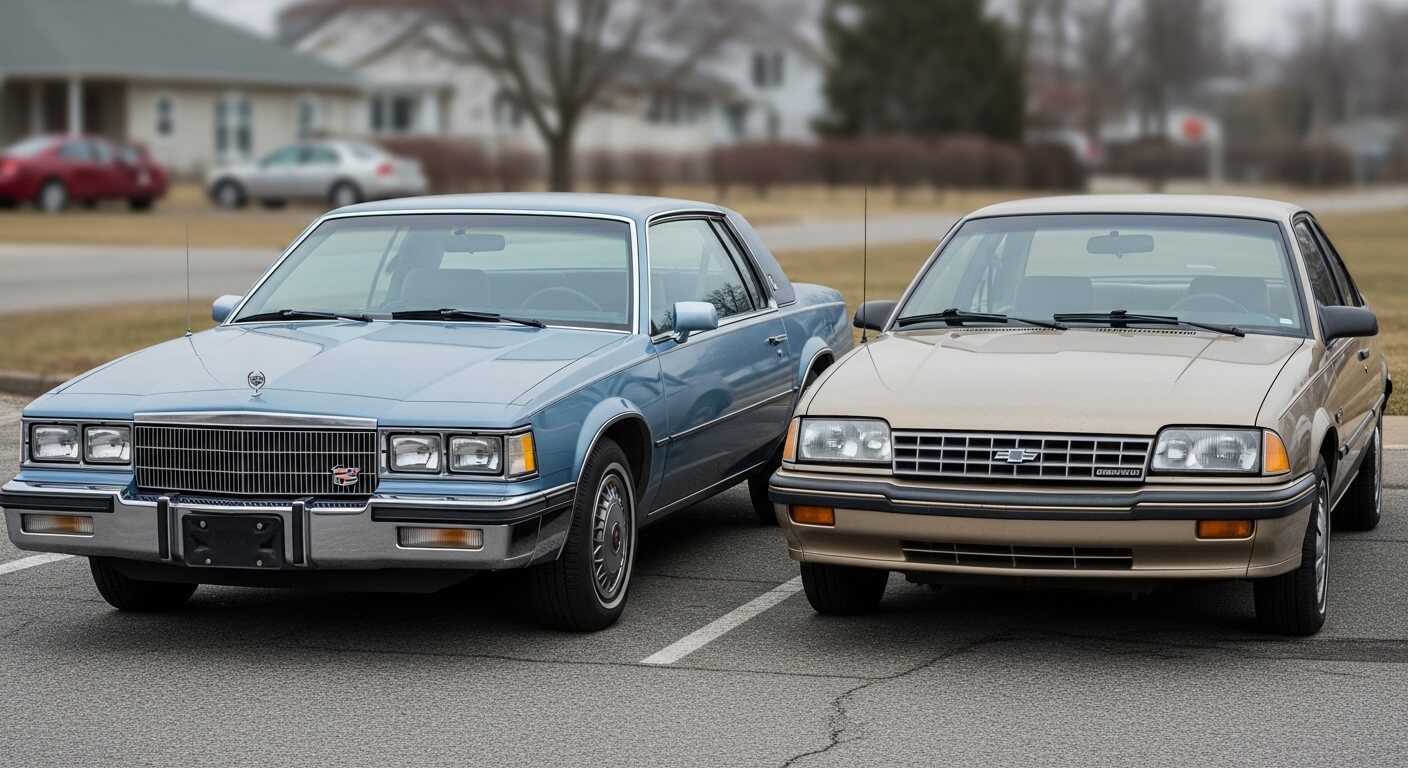 Blue Cadillac Seville and beige Chevrolet Cavalier parked side by side in a parking lot