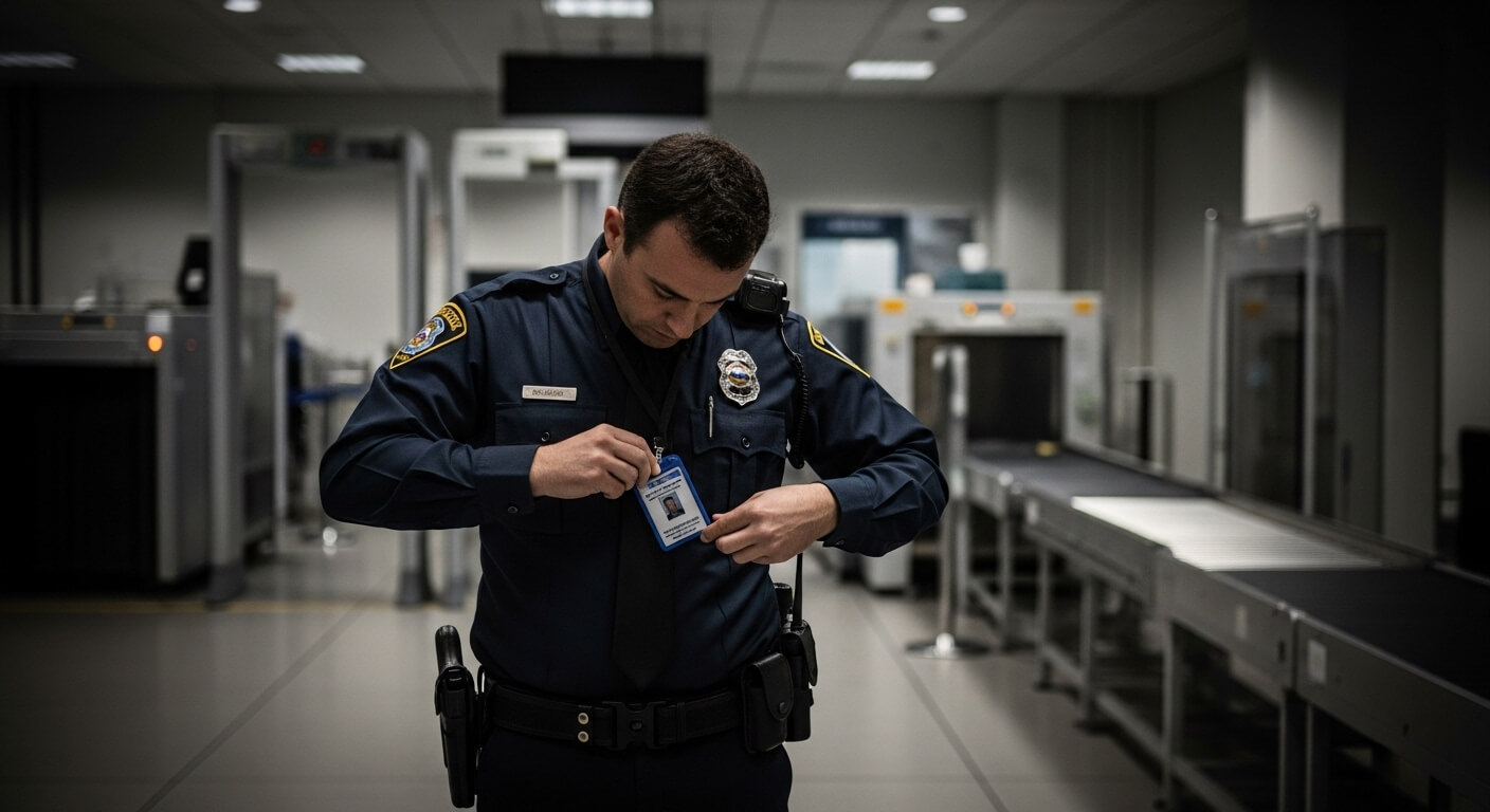 Security officer adjusting badge in an airport security checkpoint area with scanning machines in the background