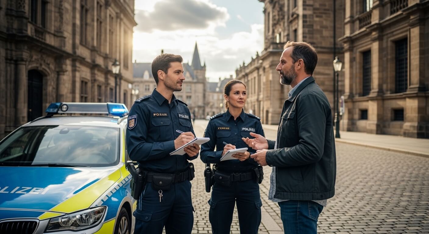 Two German police officers taking notes while talking to a man on a cobblestone street near a police car.