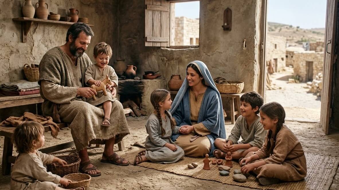 Family in biblical-era clothing sitting and playing with wooden toys inside a rustic stone house.