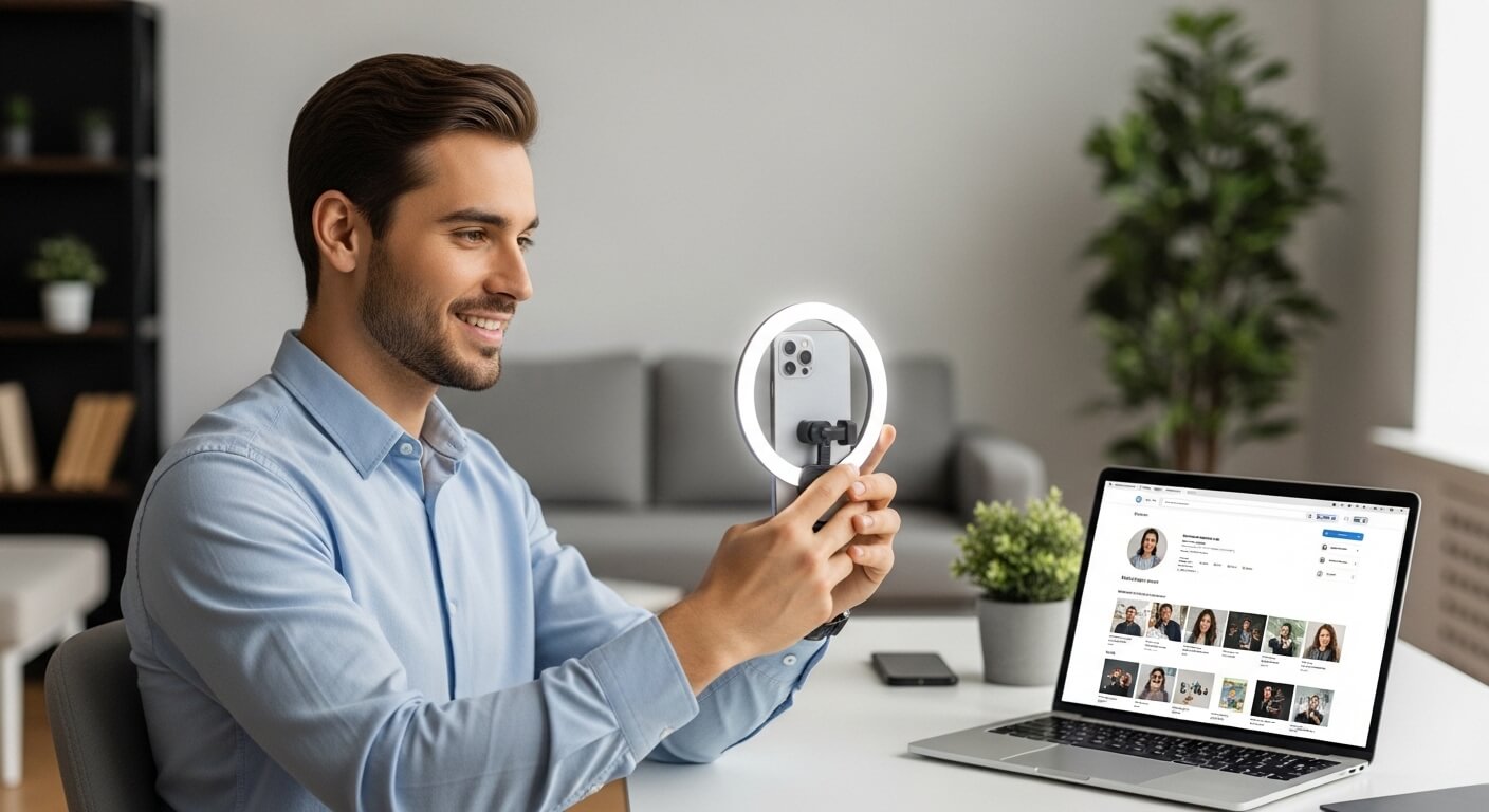 Man using smartphone with ring light for video call at desk with laptop and plant in modern office