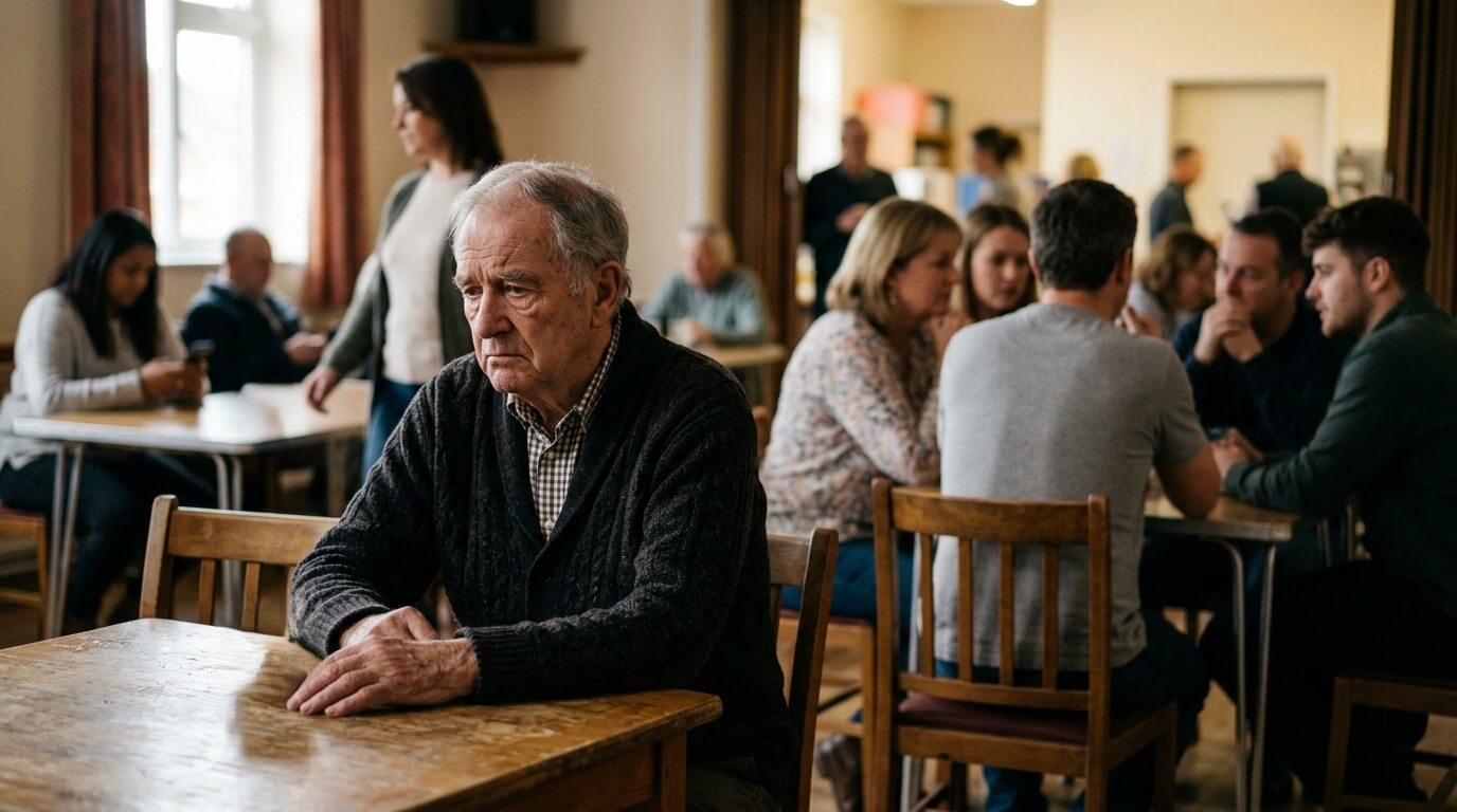 Elderly man sitting alone at a table in a busy room with groups of people socializing in the background.