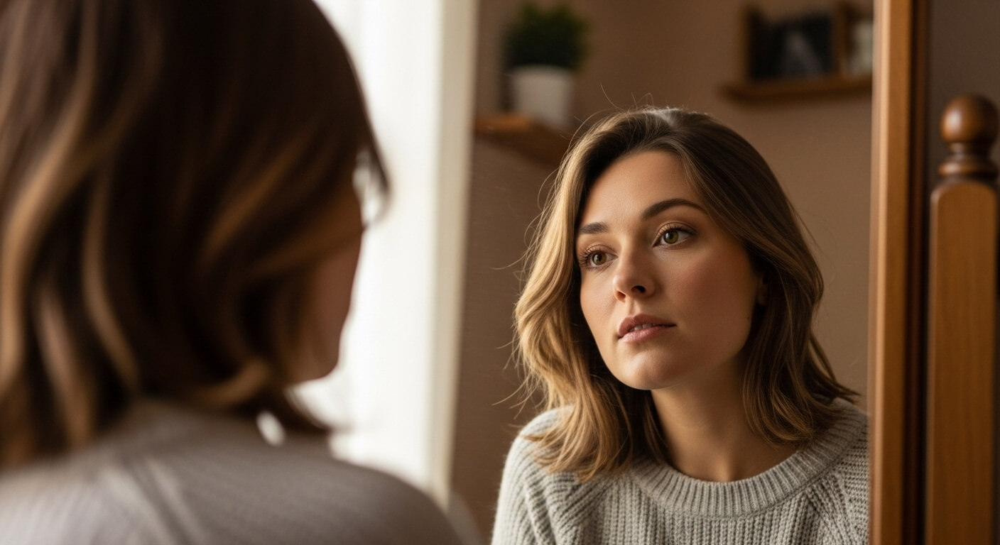 Young woman with shoulder-length hair wearing a gray sweater looking at herself in a mirror indoors