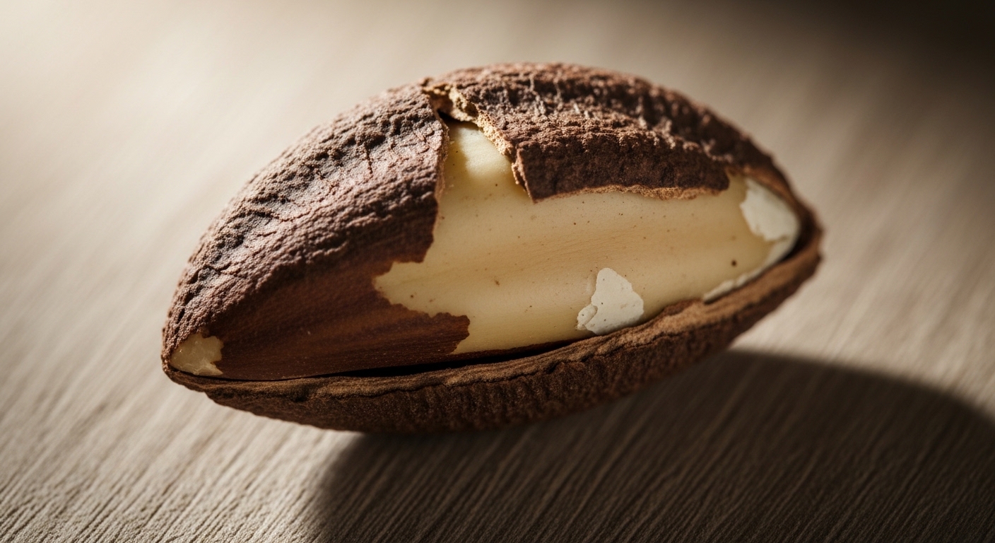 Close-up of a cracked Brazil nut shell revealing the creamy white nut inside on a wooden surface.