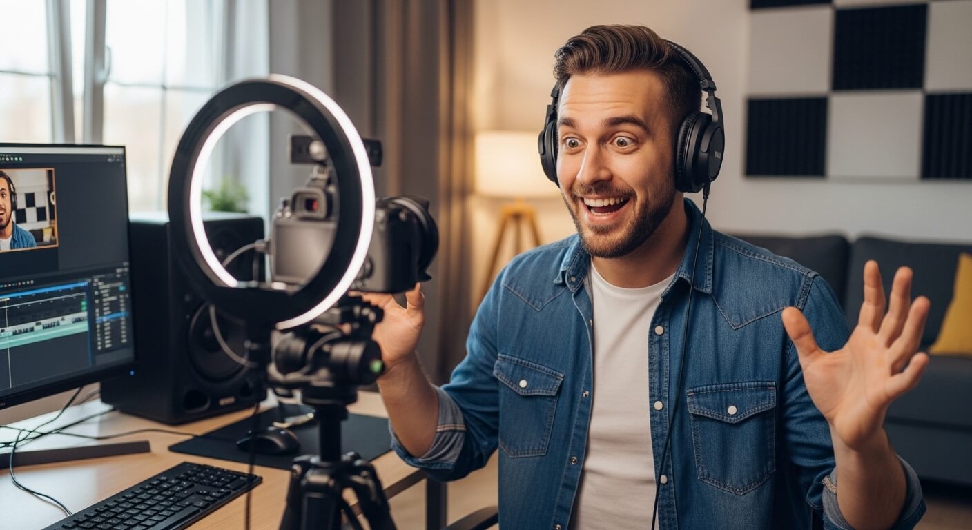 Man wearing headphones recording video with camera and ring light in home studio setup