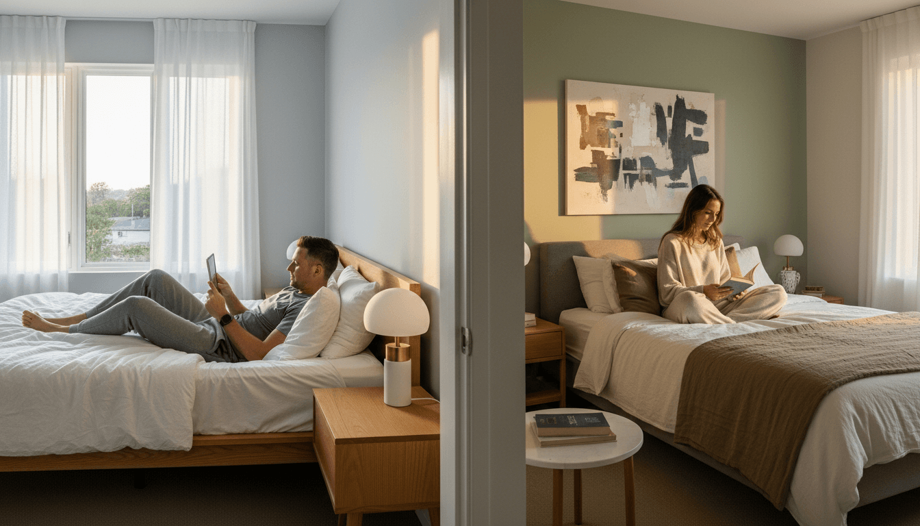 Man lying on bed using tablet and woman sitting on bed reading book in adjacent bedrooms separated by wall