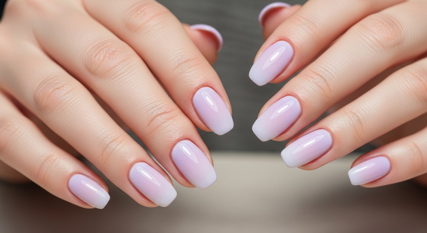 Hands with glossy lavender ombre gel nails on a neutral background