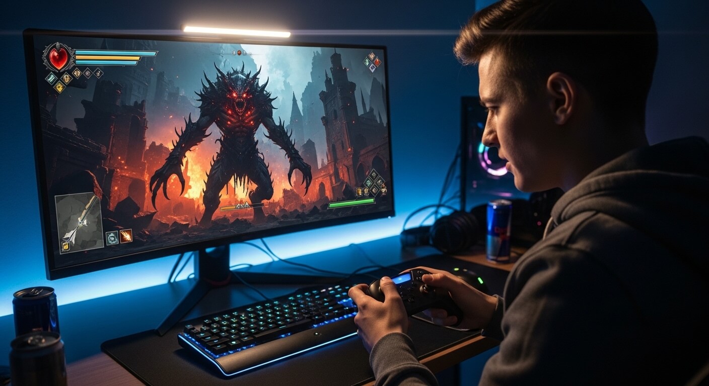 Young man playing a dark fantasy video game with a monster boss on a widescreen monitor using a game controller
