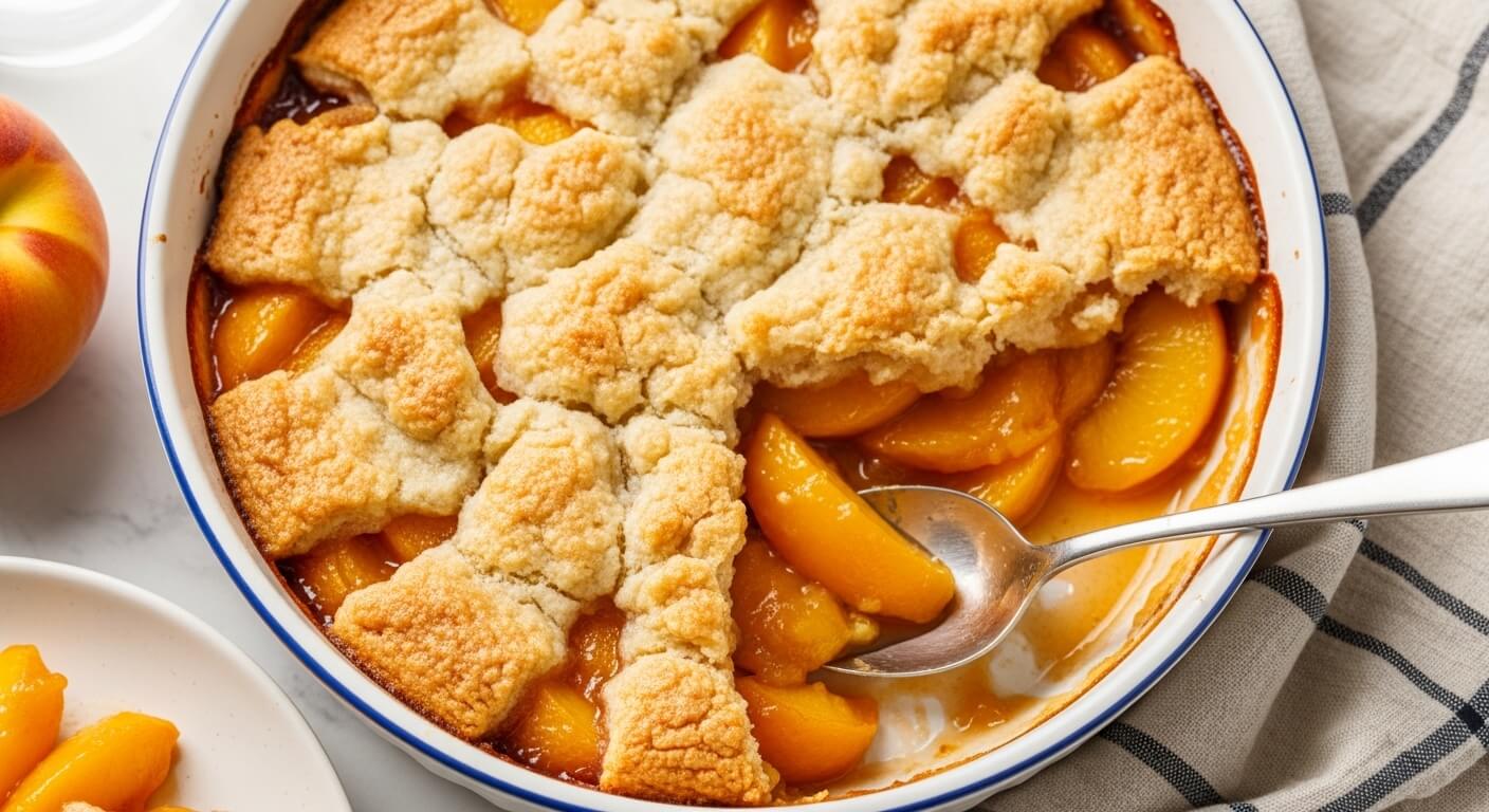 Peach cobbler with golden crust in a white dish with a spoon and sliced peaches on a plate nearby.