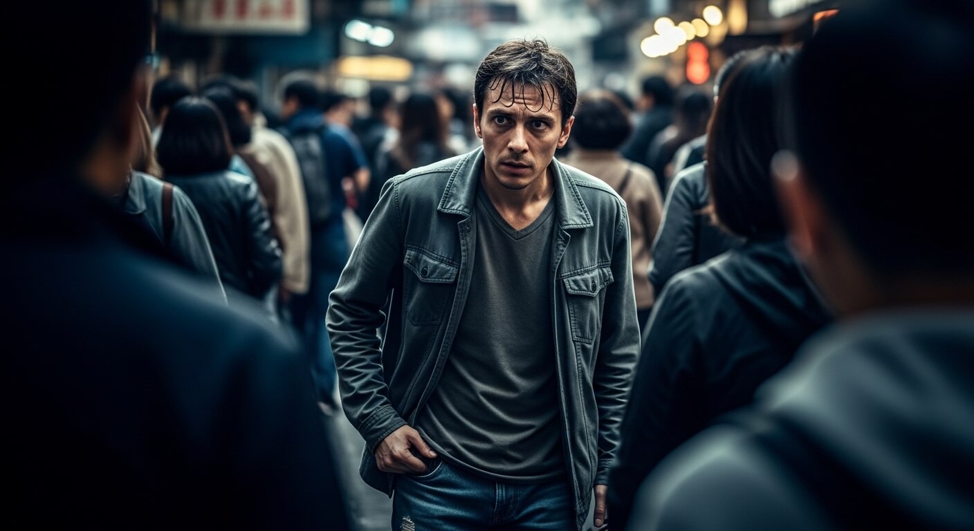 Man in gray jacket looking anxious while walking through crowded street at night