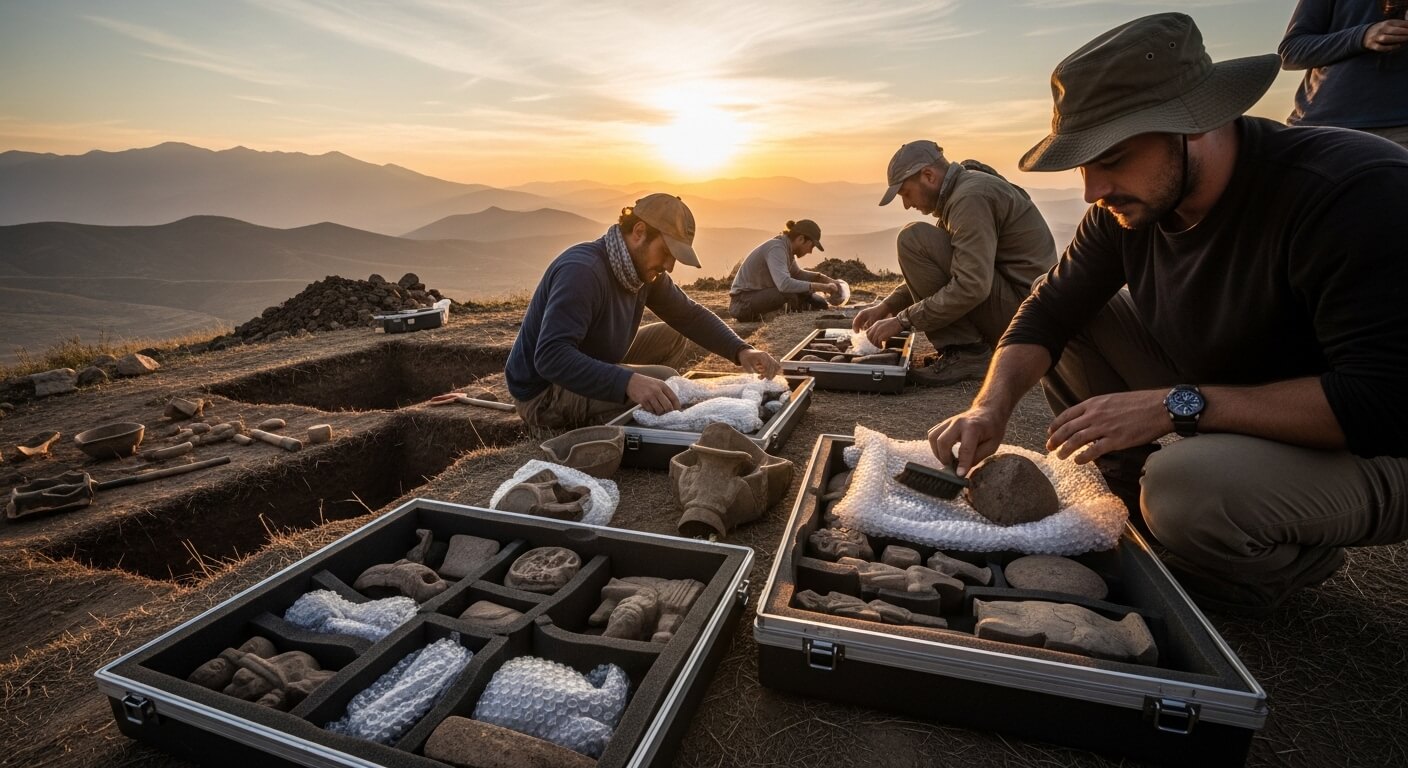 Archaeologists cleaning and packing ancient artifacts at a dig site during sunset in a mountainous area.