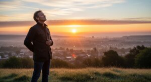 Man in black jacket standing on grassy hill at sunrise overlooking cityscape.