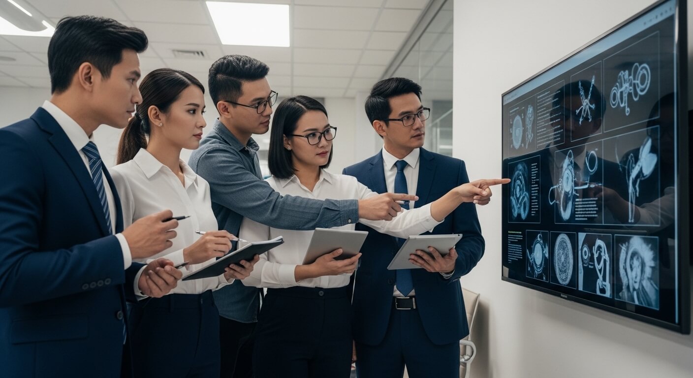 Five business professionals analyzing scientific or technical images on a large screen in an office.