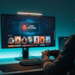 Man holding game controller facing monitor displaying "GAME NO LONGER" error message with game thumbnails below