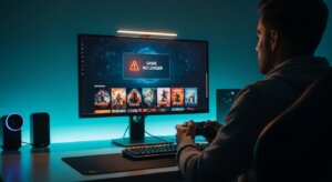 Man holding game controller facing monitor displaying "GAME NO LONGER" error message with game thumbnails below