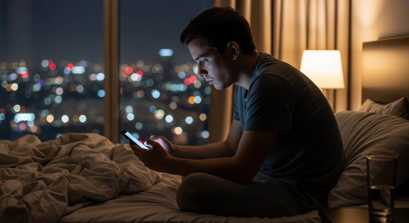 Man sitting on bed at night using smartphone with city lights visible through window behind him