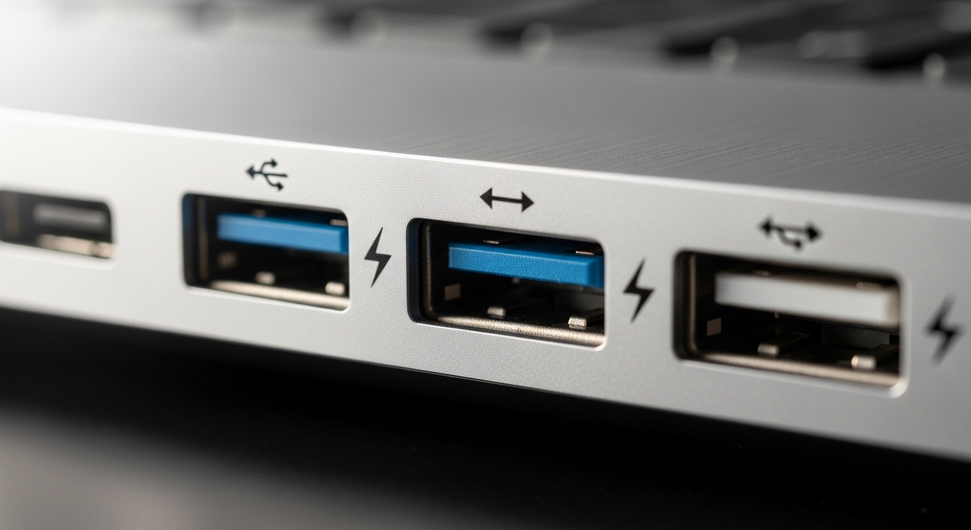 Close-up of USB and Thunderbolt ports on a silver laptop edge.