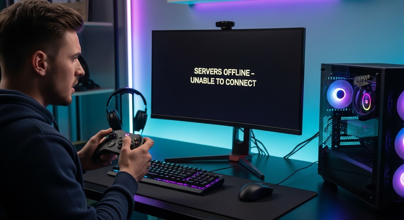 Man holding Xbox controller facing a monitor displaying "SERVERS OFFLINE - UNABLE TO CONNECT" with a gaming PC and RGB lighting nearby