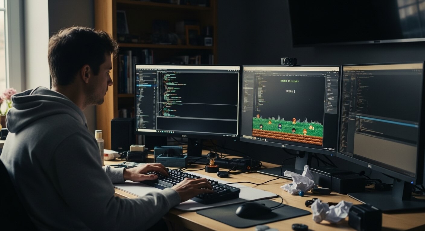 Man in gray hoodie coding and testing a pixel art video game on three computer monitors at a desk