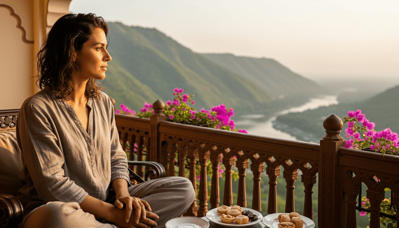 Woman in beige outfit sitting on balcony overlooking river and mountains with plates of pastries nearby