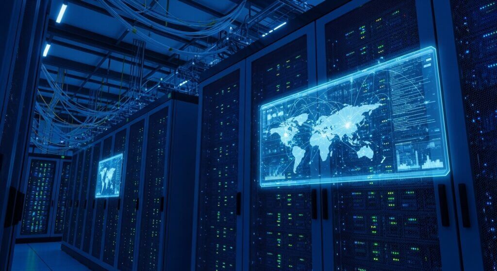 Server racks with digital world map overlays in a high-tech data center room.