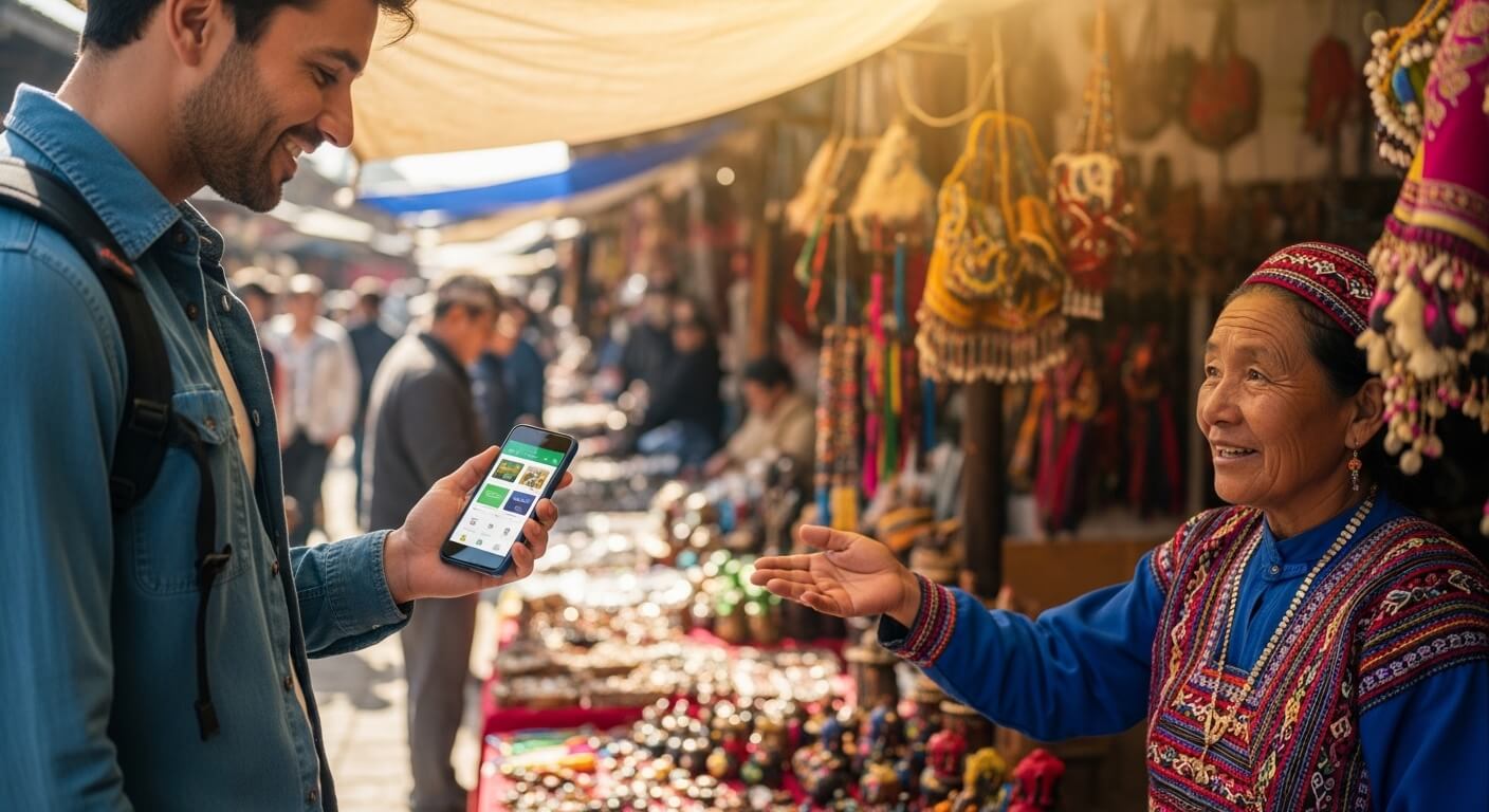 Man using smartphone to shop from vendor selling colorful handmade bags and jewelry at outdoor market