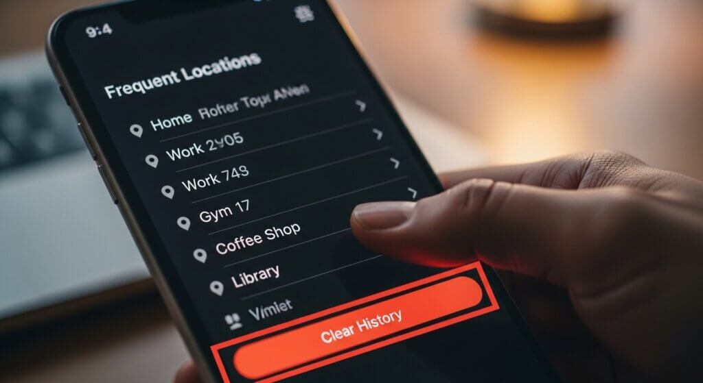 Smartphone screen showing a location history app with frequent locations and a highlighted "Clear History" button.