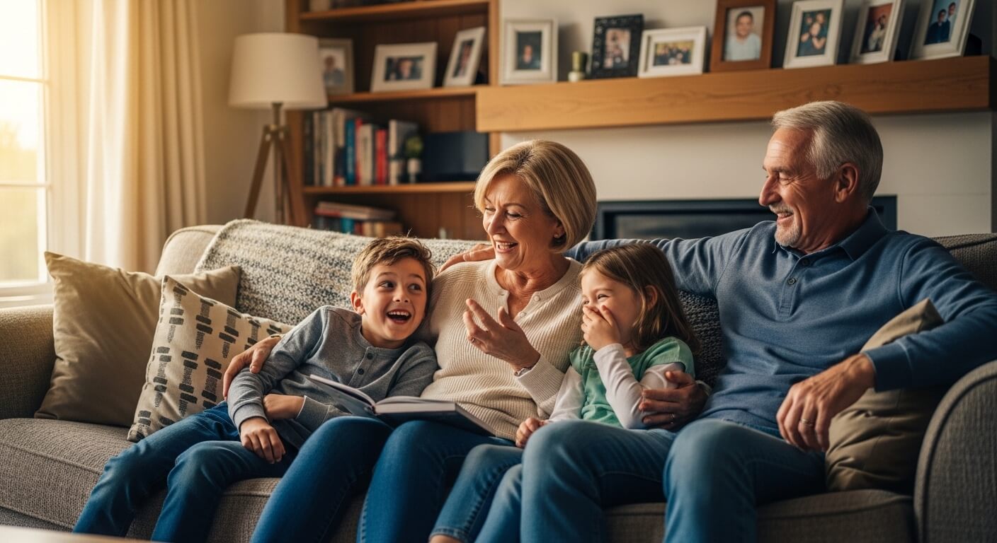 Grandparents sitting on a couch reading and laughing with their two grandchildren in a cozy living room.