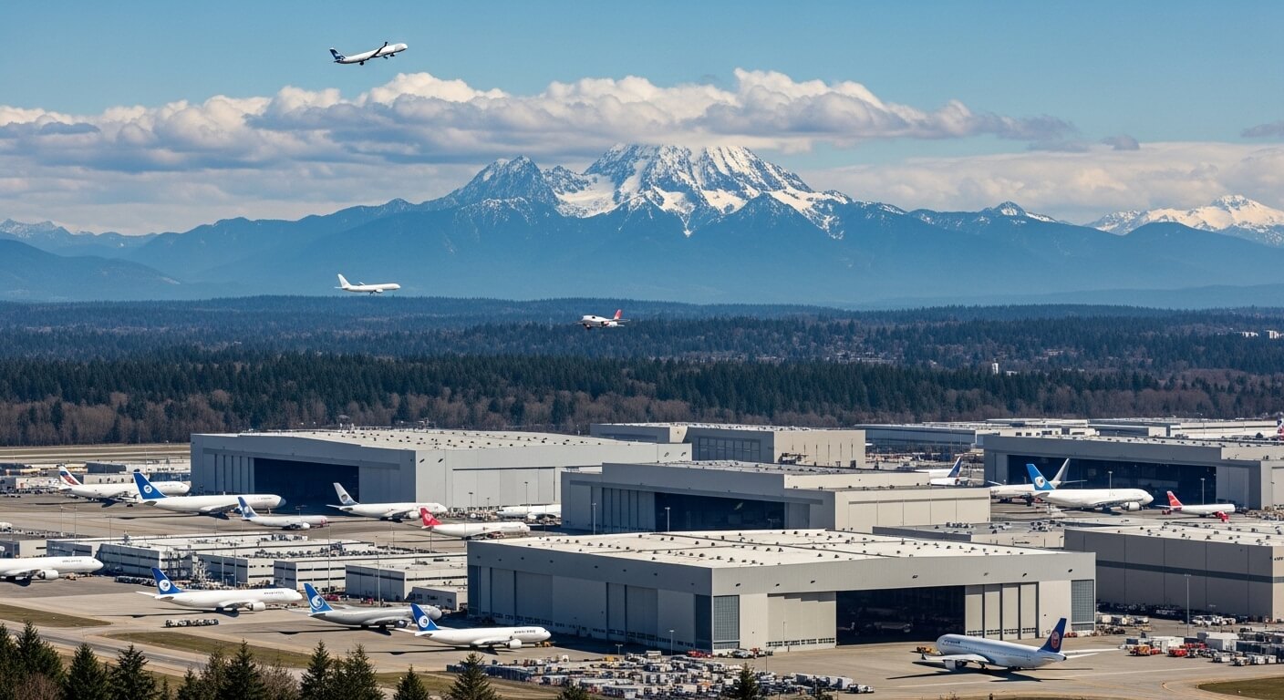Boeing airplanes parked and taxiing at a manufacturing facility with snow-capped mountains in the background.