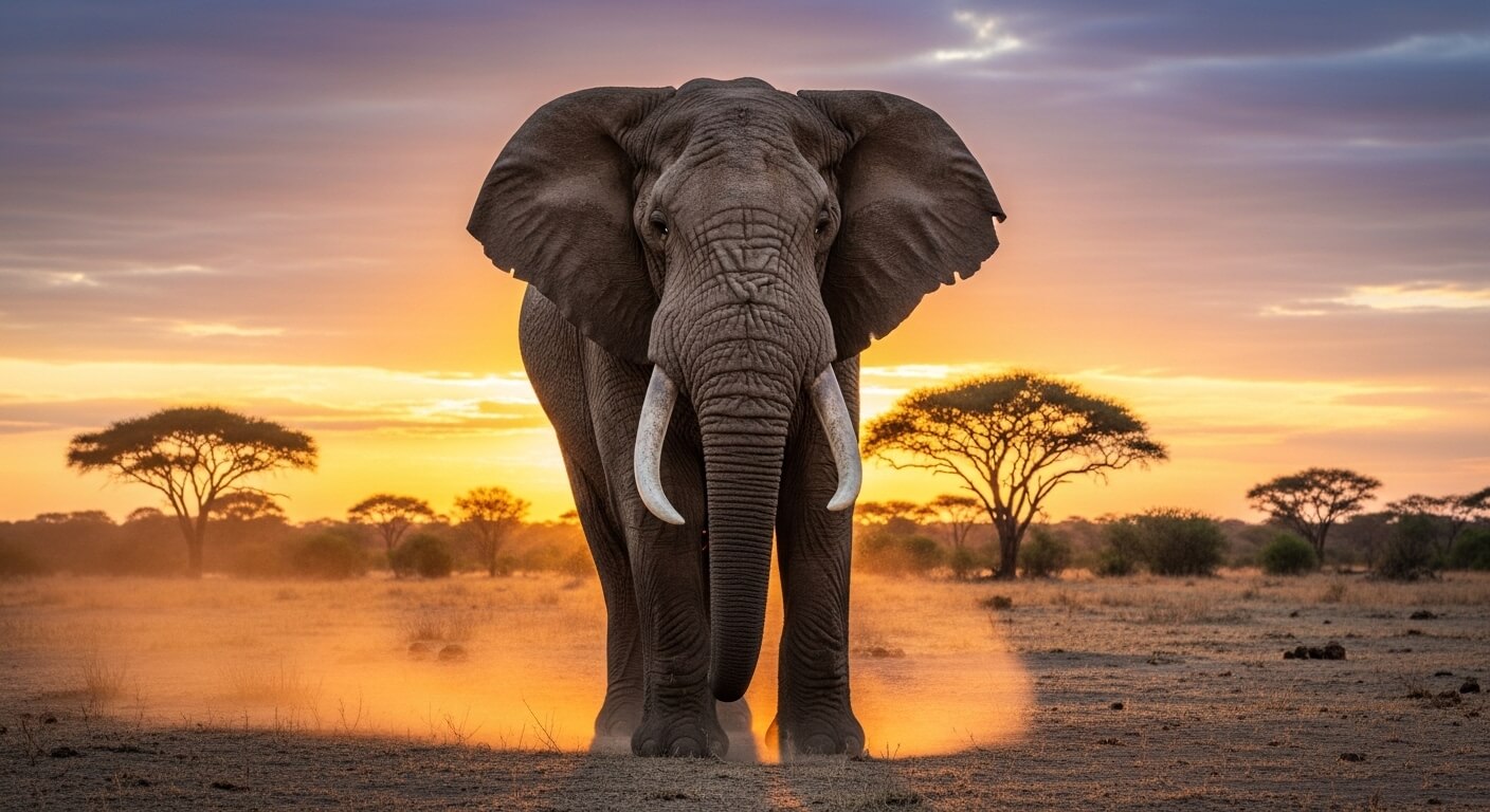African elephant walking on dusty savanna at sunset with acacia trees in the background