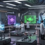 Scientists in lab coats working on drones with holographic technical displays in a futuristic lab environment.